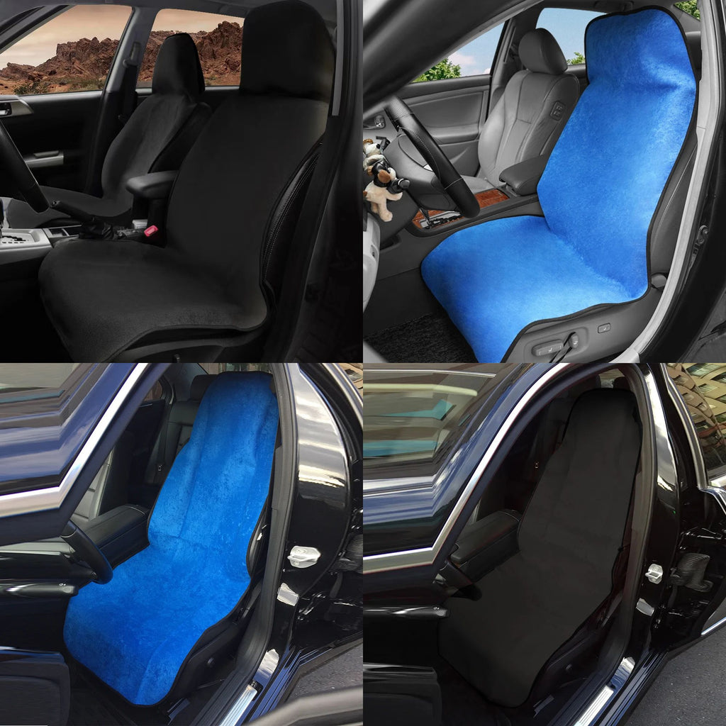 Four panel view showing black and blue waterproof car seat protectors installed over driver and passenger vehicle seats.