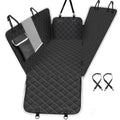 Black waterproof dog car backseat cover with hammock design, mesh window, and storage pocket displayed on a white background.