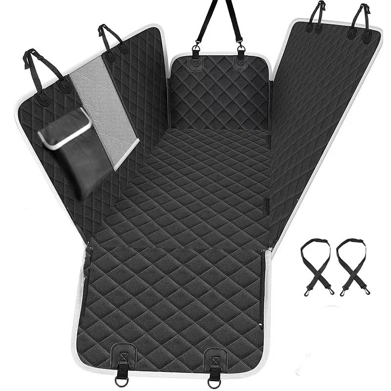 Black waterproof dog car backseat cover with hammock design, mesh window, and storage pocket displayed on a white background.
