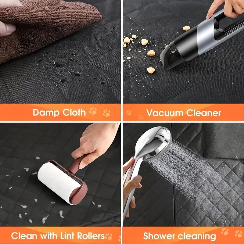 Four panel grid showing cleaning methods for the waterproof dog seat cover, including wiping with a damp cloth, using a vacuum cleaner, applying a lint roller, and direct water rinsing.