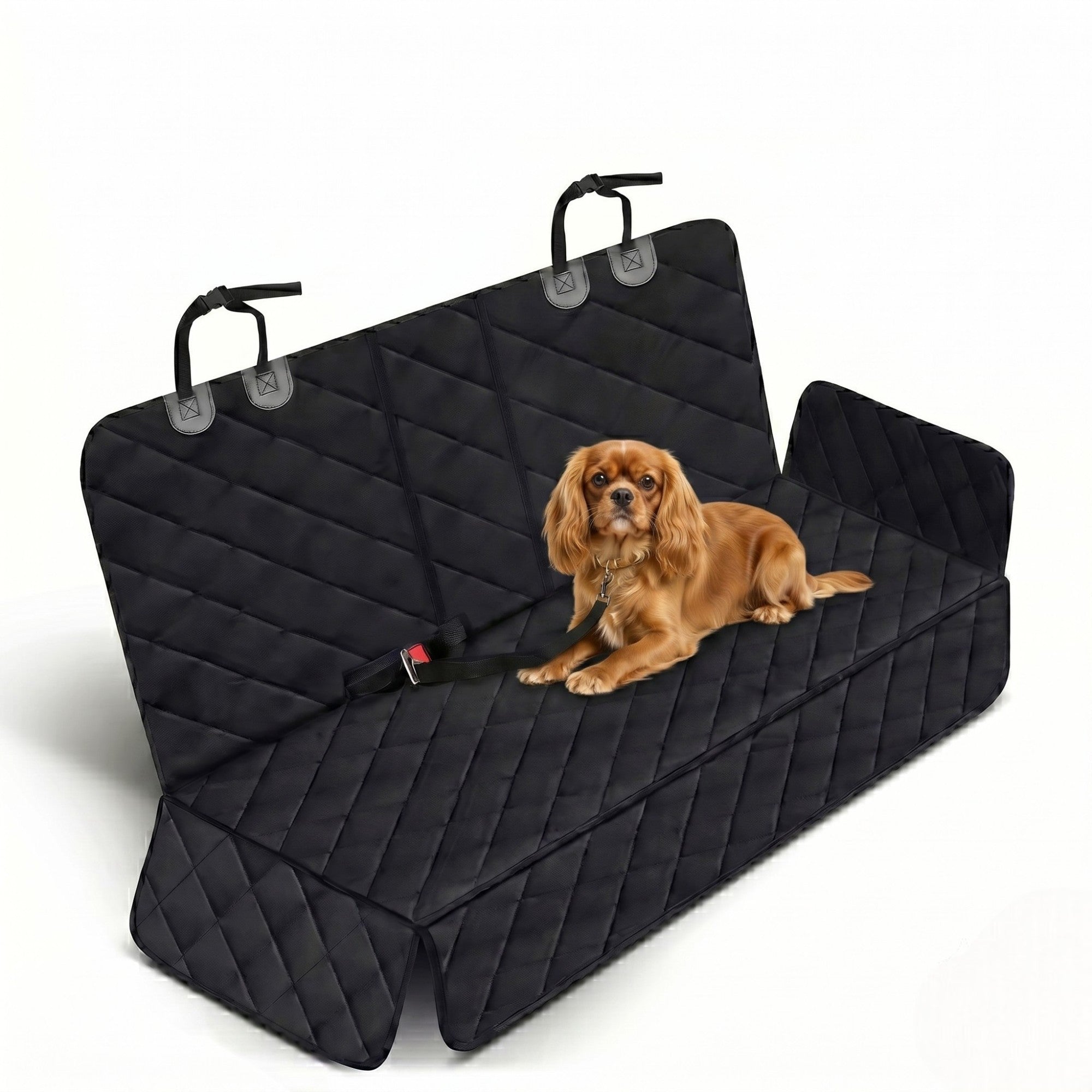 Waterproof black quilted pet car seat cover featuring a Cavalier King Charles Spaniel sitting on a pure white background.