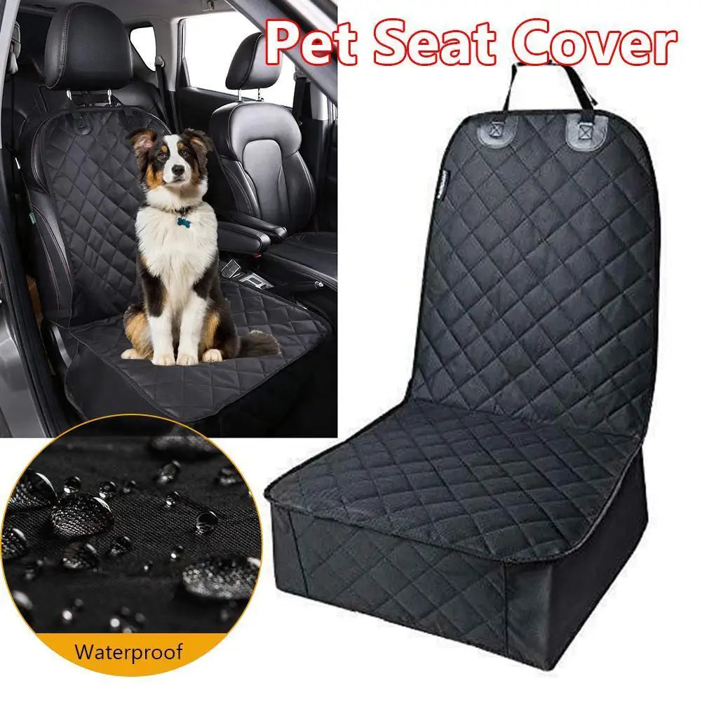 Dog sitting on a black quilted car front seat cover, accompanied by a close-up showing water droplets on the waterproof fabric.