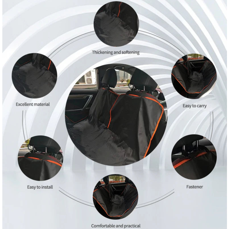 Infographic detailing the functional features of a vehicle dog hammock, highlighting seat belt access points and secure installation methods.