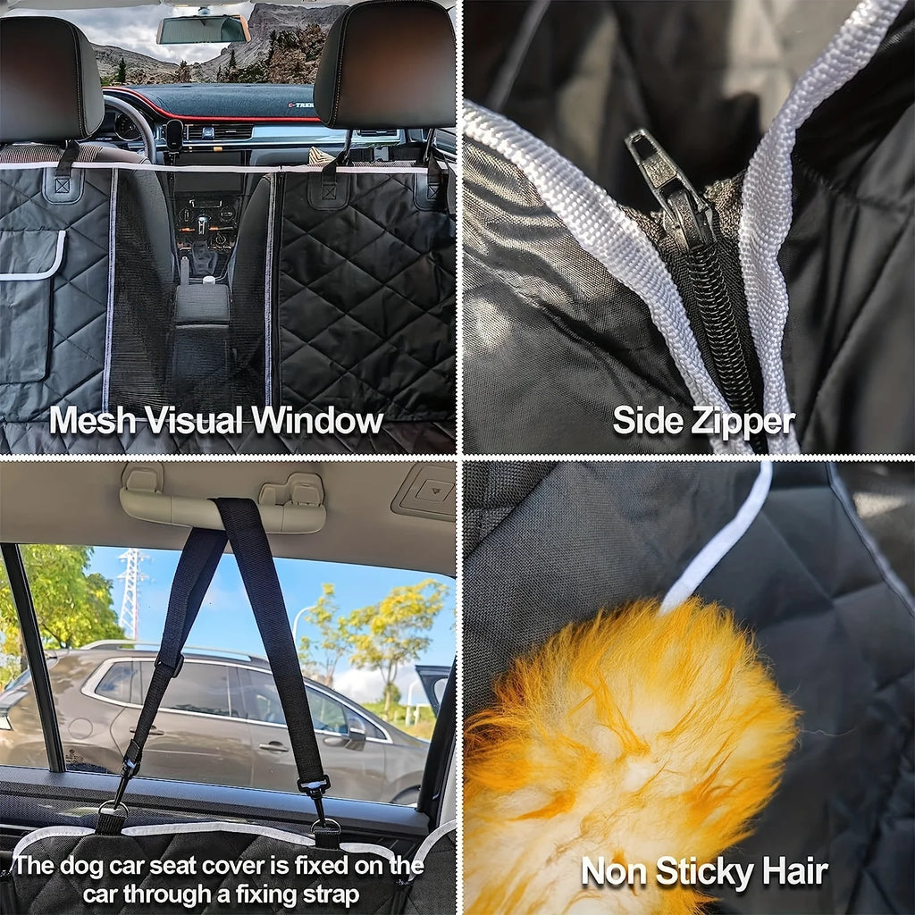 Close-up details of the dog car backseat cover showing the mesh visual window, side zipper, headrest fixing strap, and hair-resistant fabric.