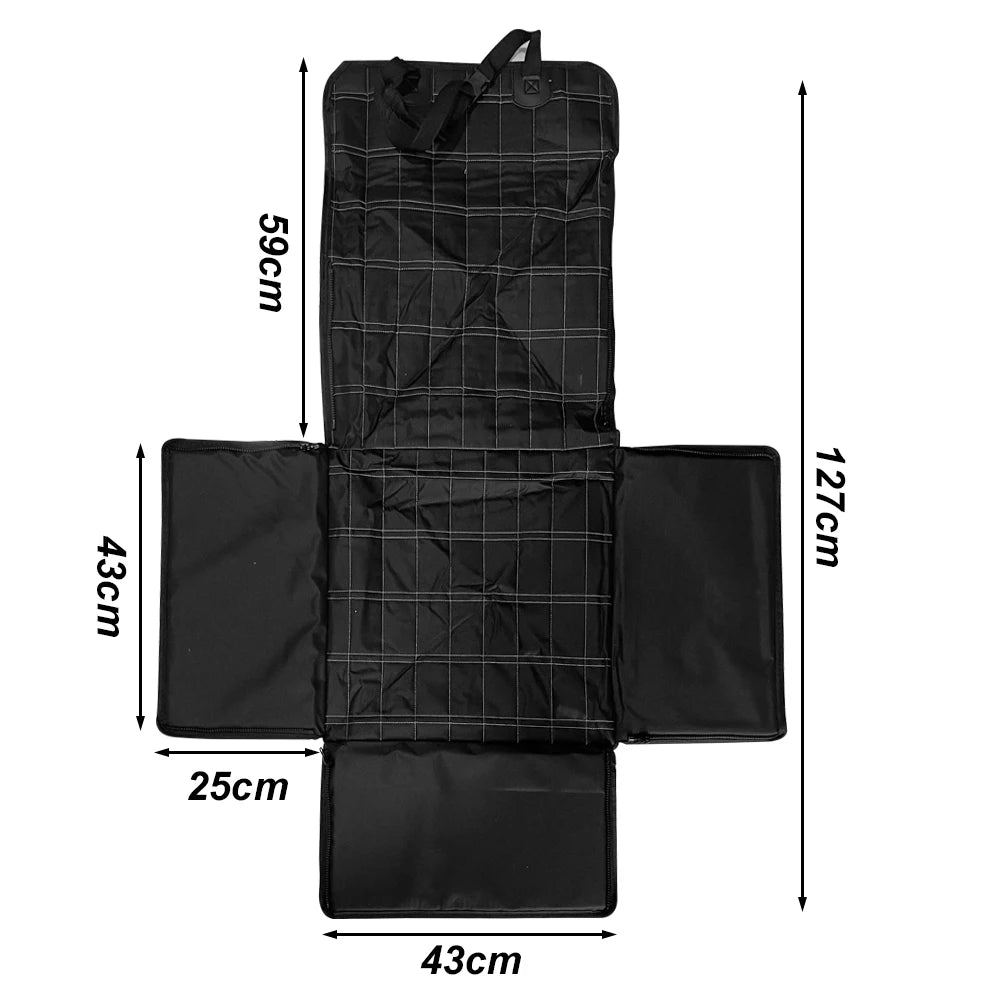 Diagram of the pet travel carrier laid flat, showing precise measurements including a 127cm total length and a 43cm seat width to verify vehicle fitment.