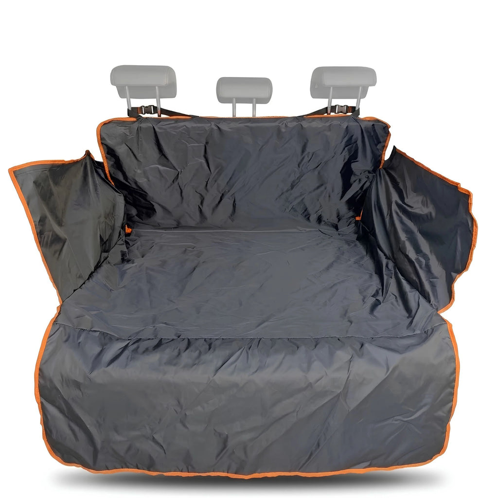 Black waterproof SUV car boot liner and heavy-duty pet cargo protector with orange trim on a white background.