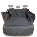 Black waterproof SUV car boot liner and heavy-duty pet cargo protector with orange trim on a white background.