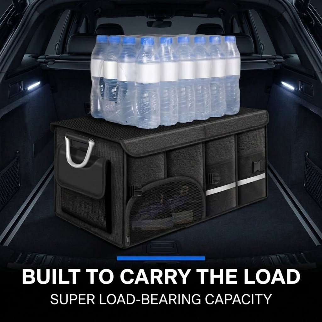 A black expandable car trunk organizer box with a handle and front storage pocket, shown inside a car trunk with bottled water placed on top to demonstrate load-bearing capacity. Text at the bottom reads 'BUILT TO CARRY THE LOAD' and 'SUPER LOAD-BEARING CAPACITY'.