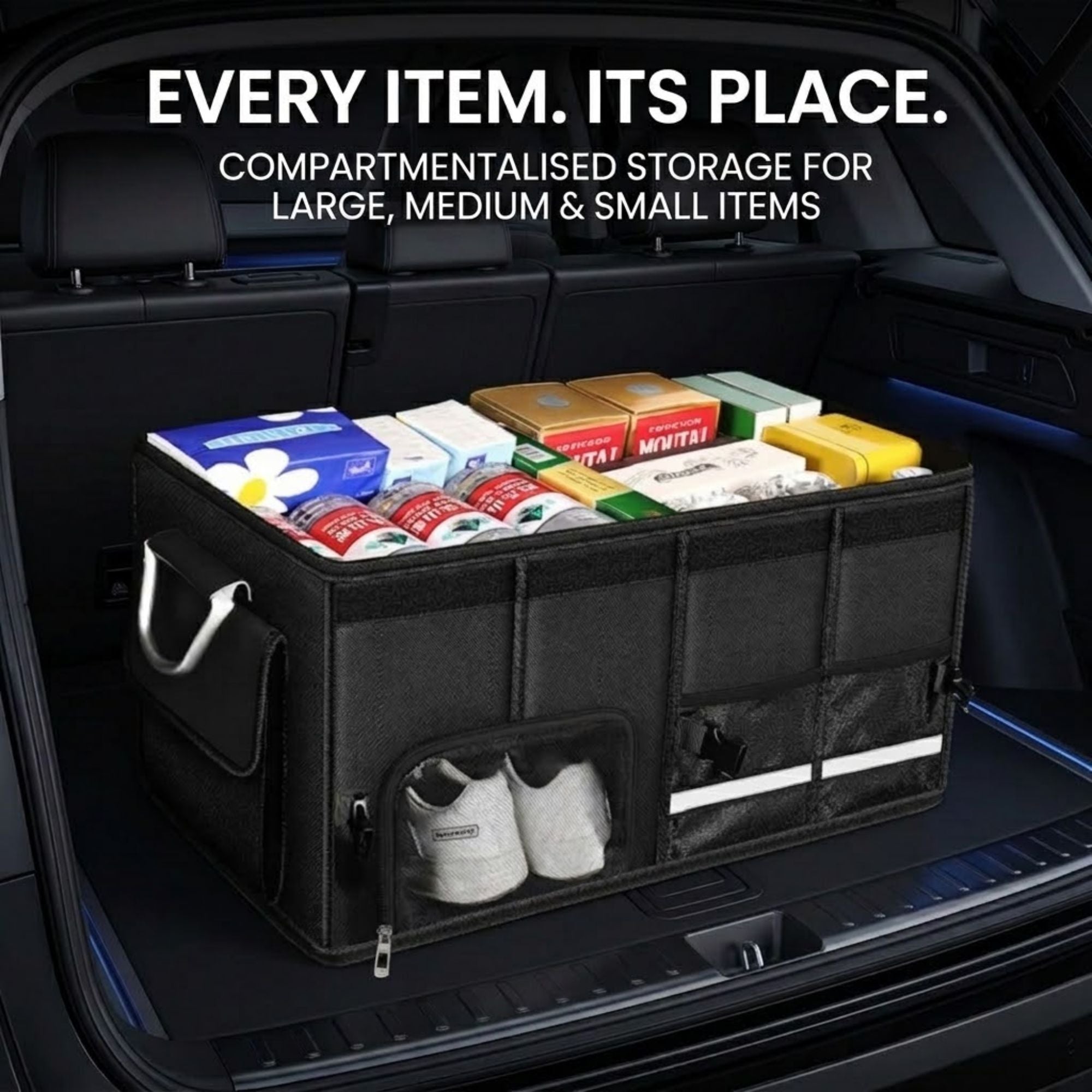 A black car boot organiser bag filled with assorted household items, shown inside an open car trunk. White text at the top reads 'EVERY ITEM.