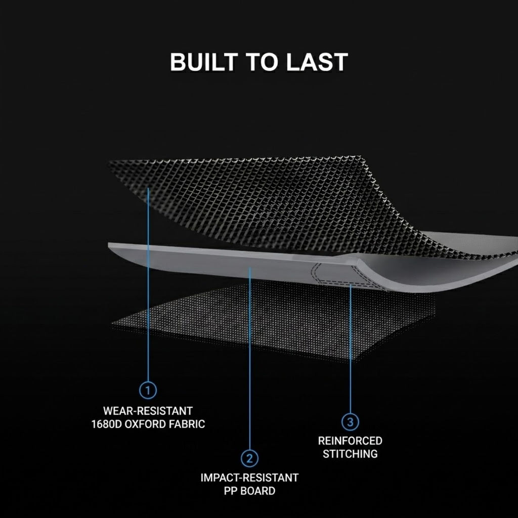 Technical feature graphic on a black background showing layered construction of a shoe sole with labeled callouts: wear-resistant 1680D Oxford fabric, reinforced stitching, and an impact-resistant PP board, under the headline 'BUILT TO LAST'.