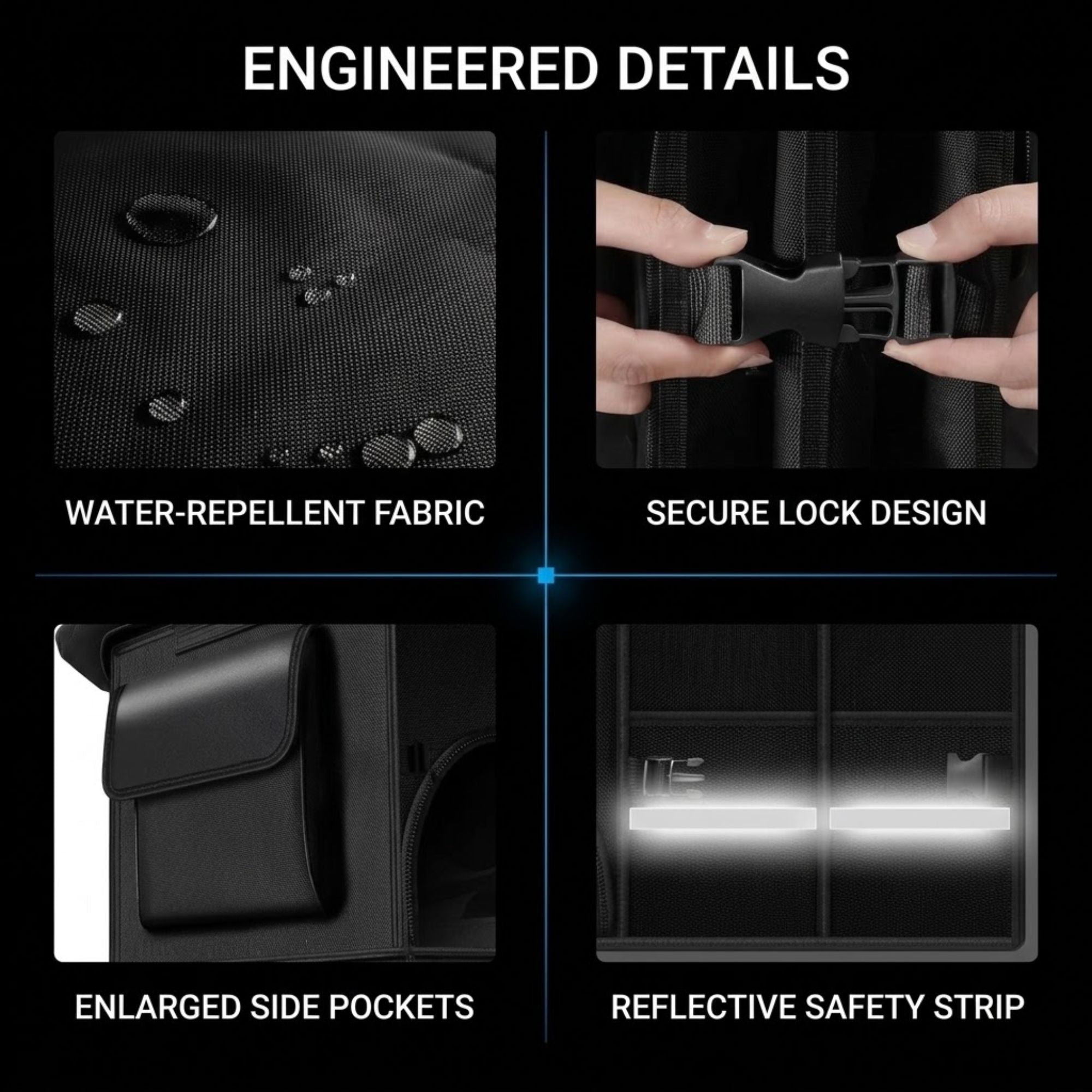 A four-panel feature graphic titled 'ENGINEERED DETAILS' showing close-up views of a black bag: water-repellent fabric with droplets, a secure lock design with hands demonstrating the buckle, enlarged side pockets, and a reflective safety strip on a black background.