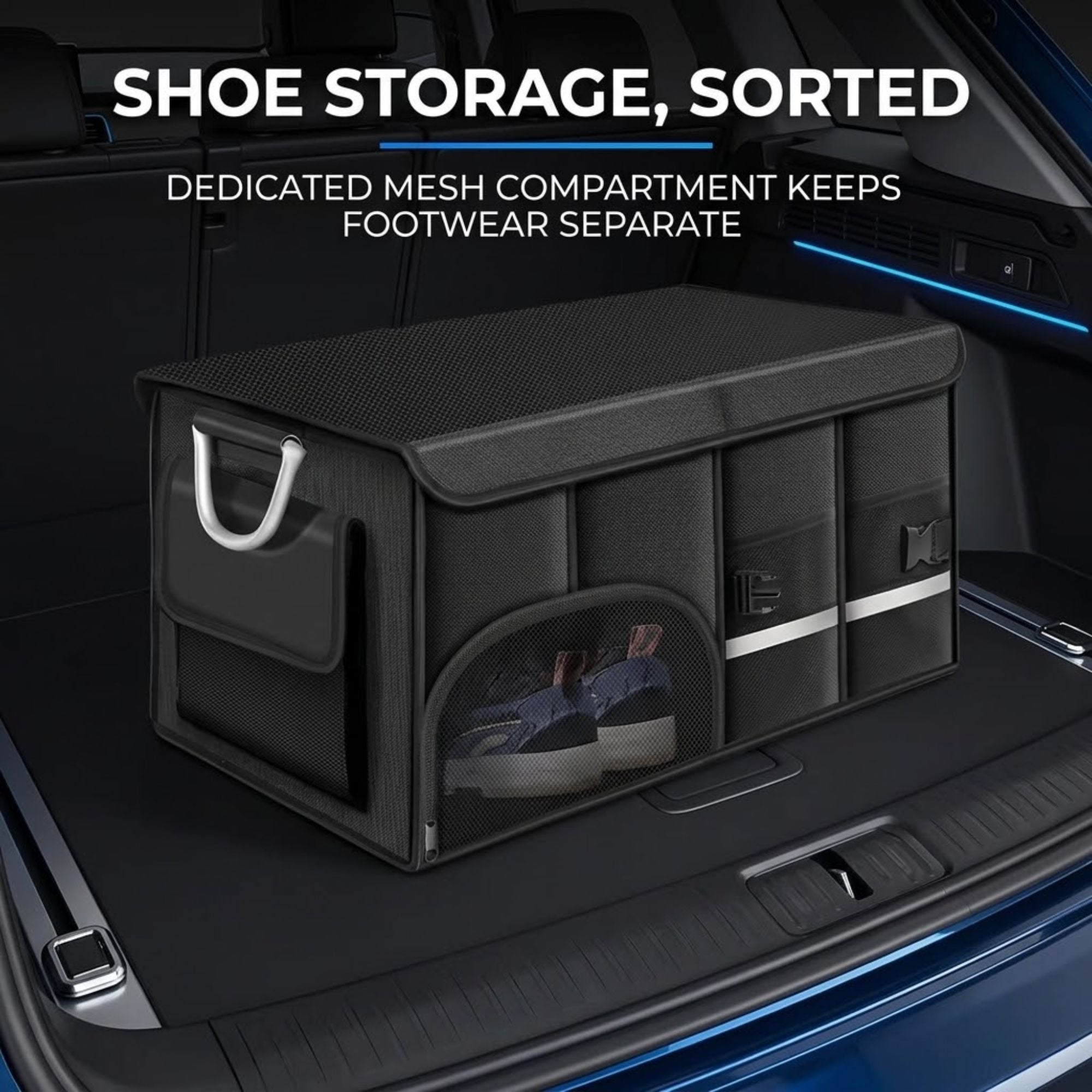 A black fabric shoe storage organizer box placed inside a car trunk, with a clear front mesh pocket showing shoes inside. White text at the top reads 'SHOE STORAGE, SORTED' and 'DEDICATED MESH COMPARTMENT KEEPS FOOTWEAR SEPARATE.