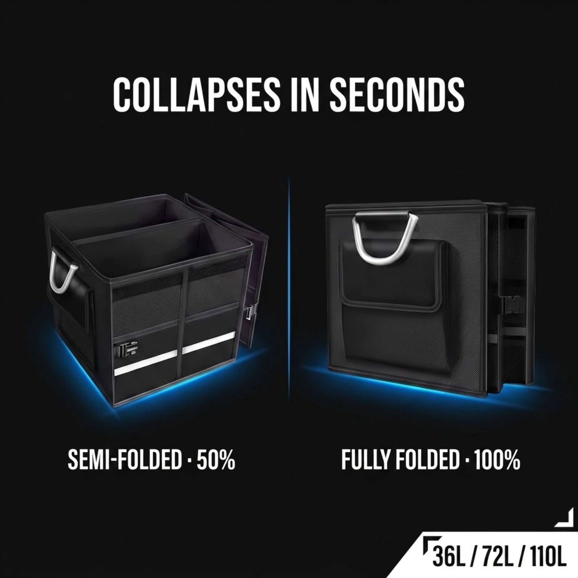A black collapsible storage organizer shown in two states on a dark background: semi-folded at 50% and fully folded at 100%. White text at the top reads 'COLLAPSES IN SECONDS' and size labels at the bottom mention 36L / 72L / 110L.