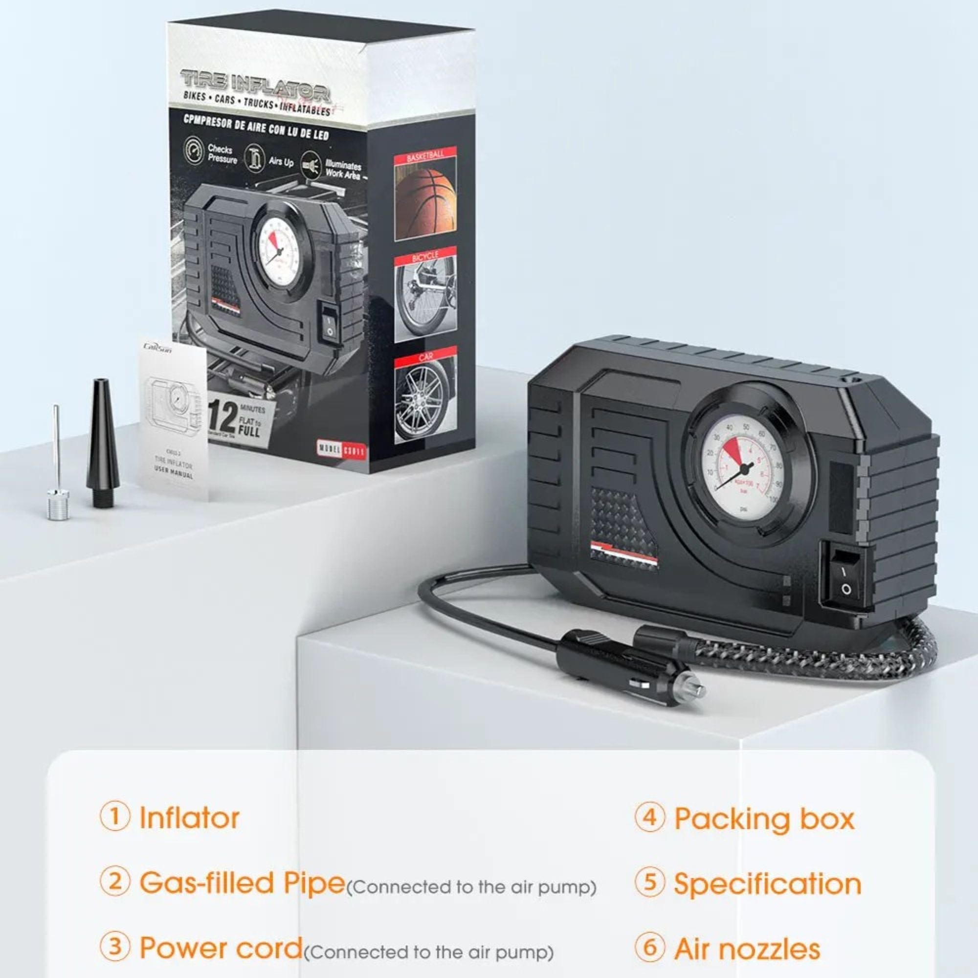 Mini Tyre Inflator unboxed with packing box, user manual, gas-filled pipe, power cord and air nozzle accessories displayed together.