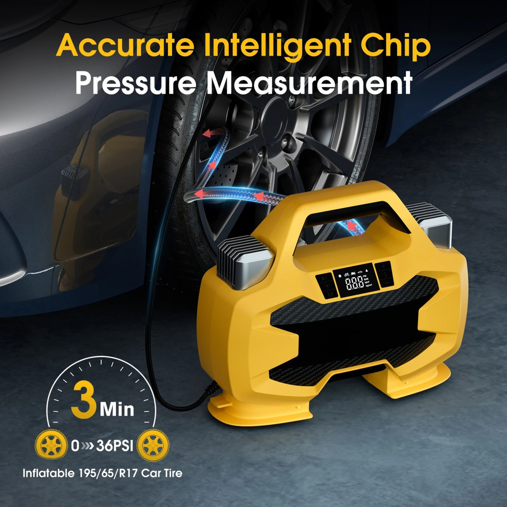 Dual Cylinder Tyre Inflator inflating a car tyre, digital display showing accurate pressure measurement
