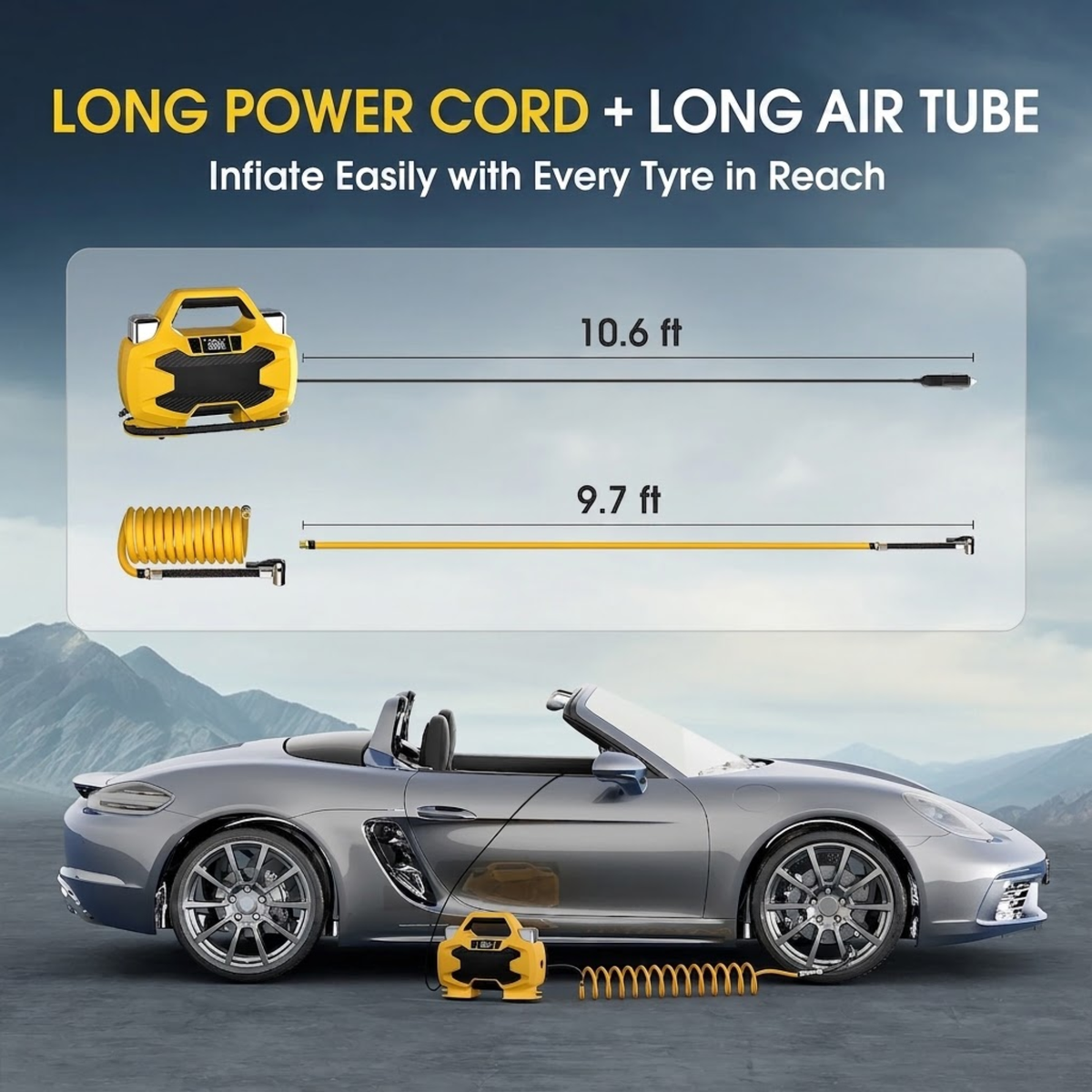 Dual Cylinder Tyre Inflator with long power cord and air hose reaching a car tyre beside a parked car