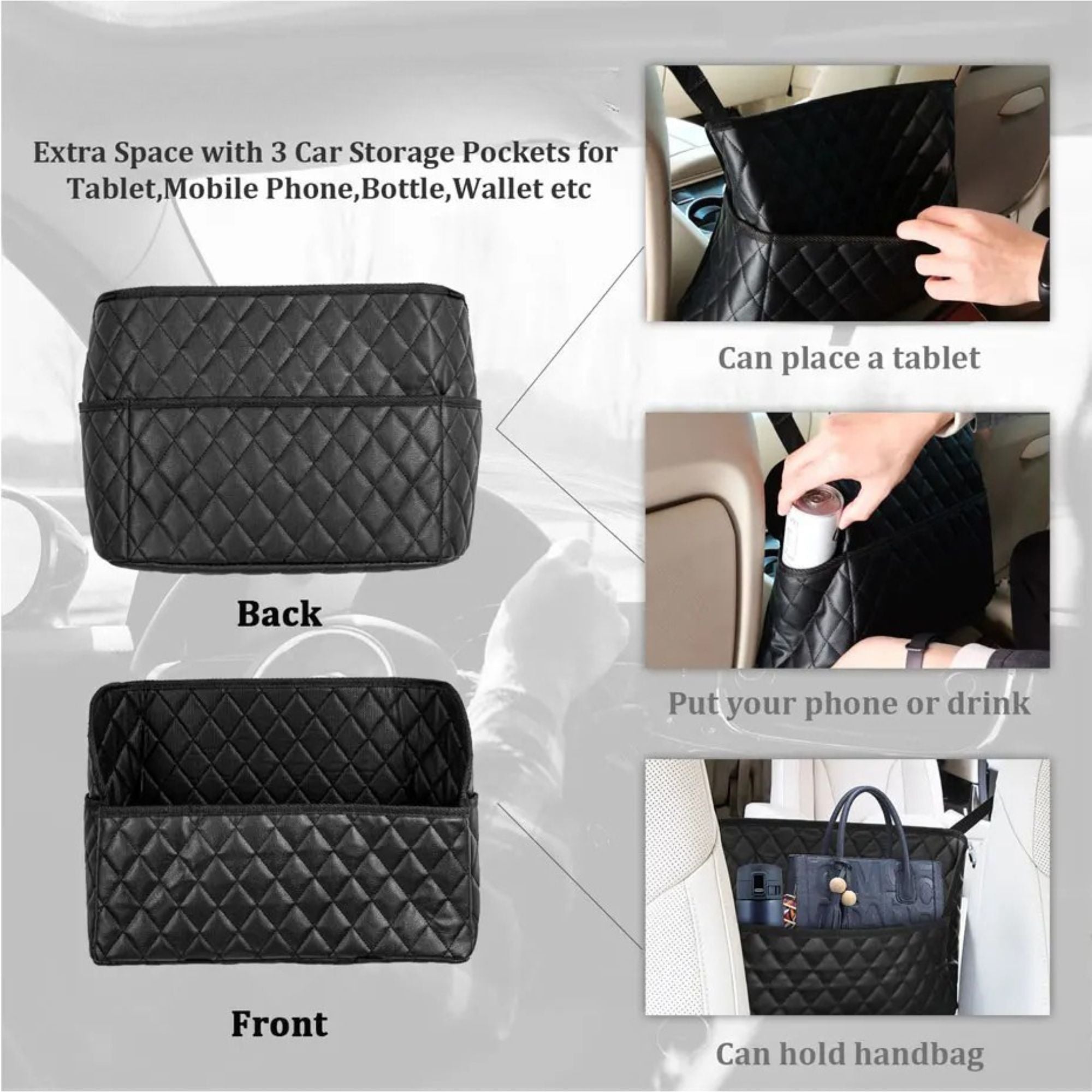 Back and front views of a black PU leather car storage bag showing tablet, phone and handbag capacity