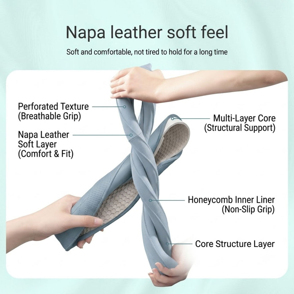 Demonstration of the Perforated Napa Leather Steering Wheel Cover's soft Napa leather feel with breathable perforated texture and honeycomb non-slip inner liner