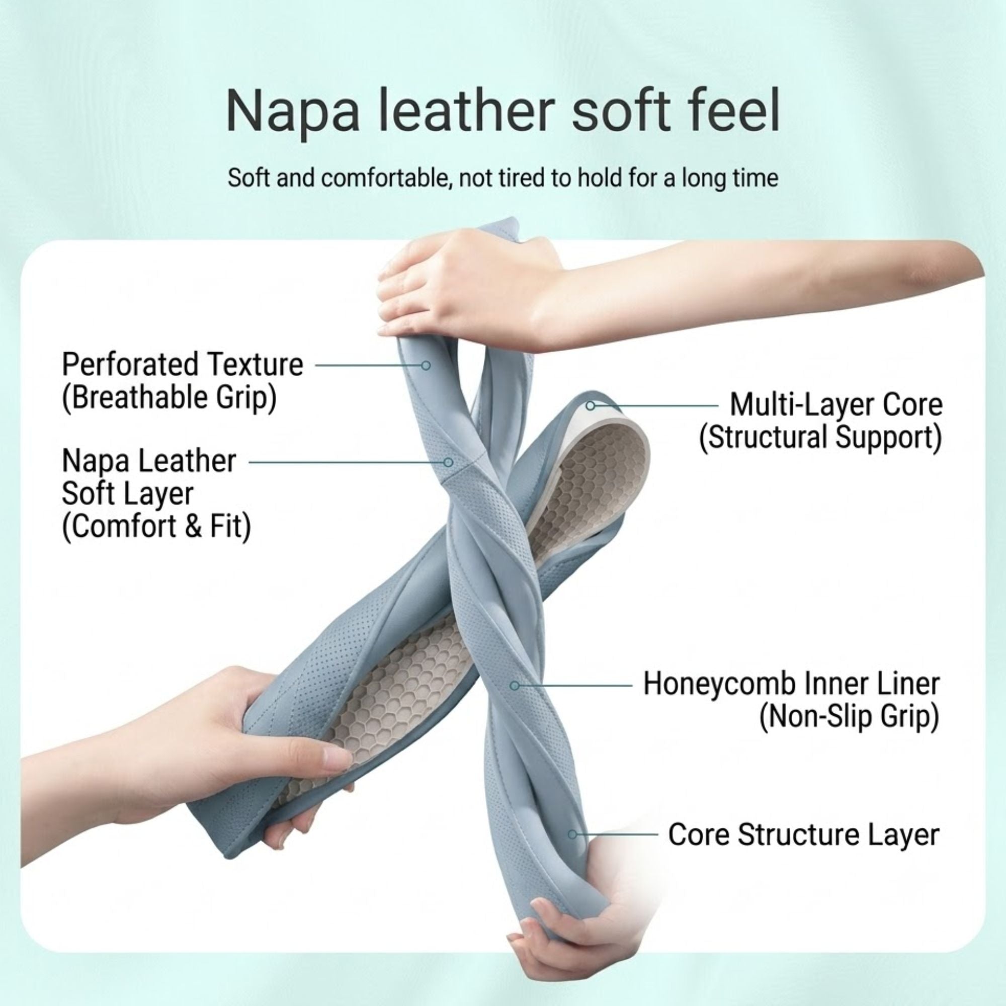Demonstration of the Perforated Napa Leather Steering Wheel Cover's soft Napa leather feel with breathable perforated texture and honeycomb non-slip inner liner