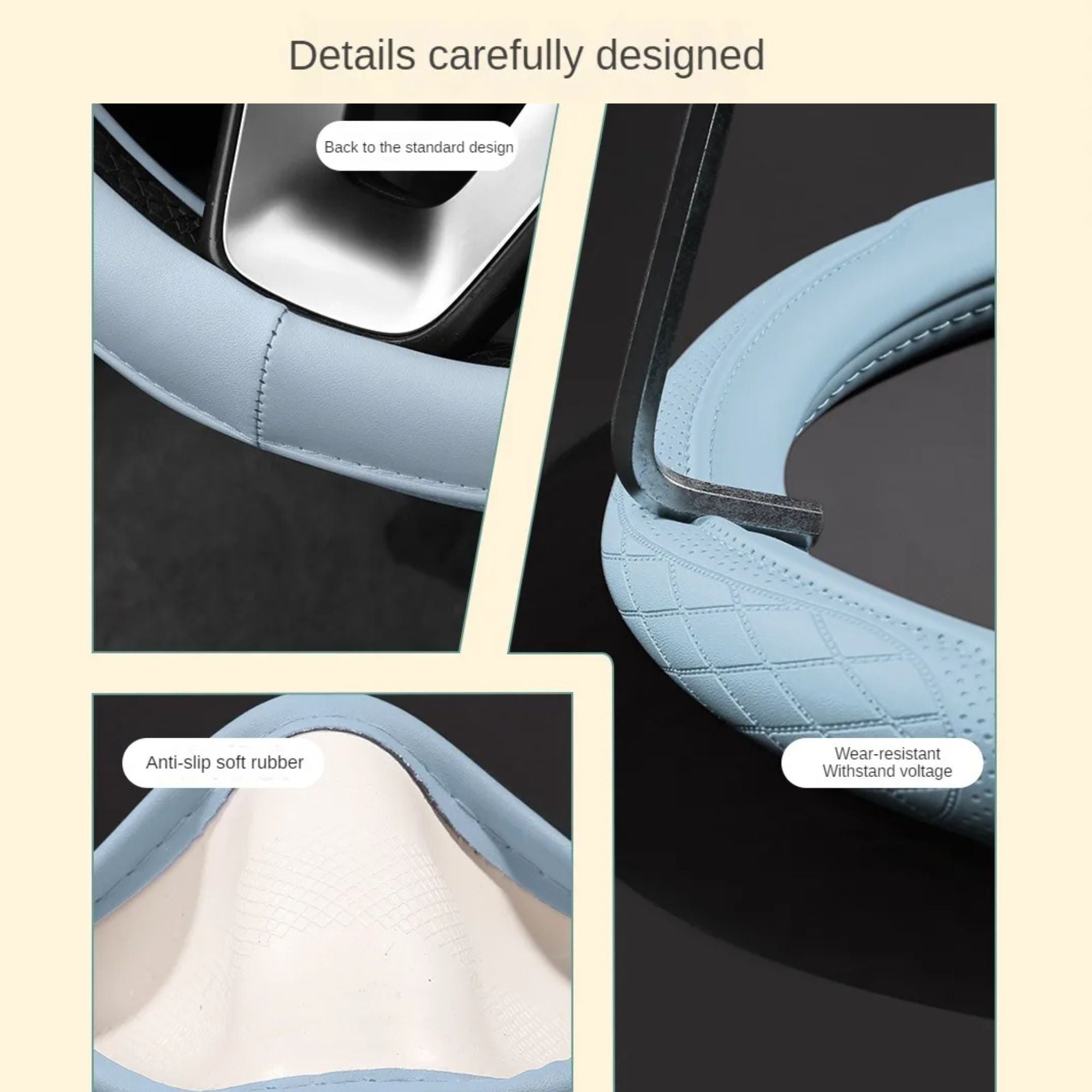 Close-up detail shots of the Perforated Napa Leather Steering Wheel Cover showing stitching, wear-resistant seams and anti-slip soft rubber lining