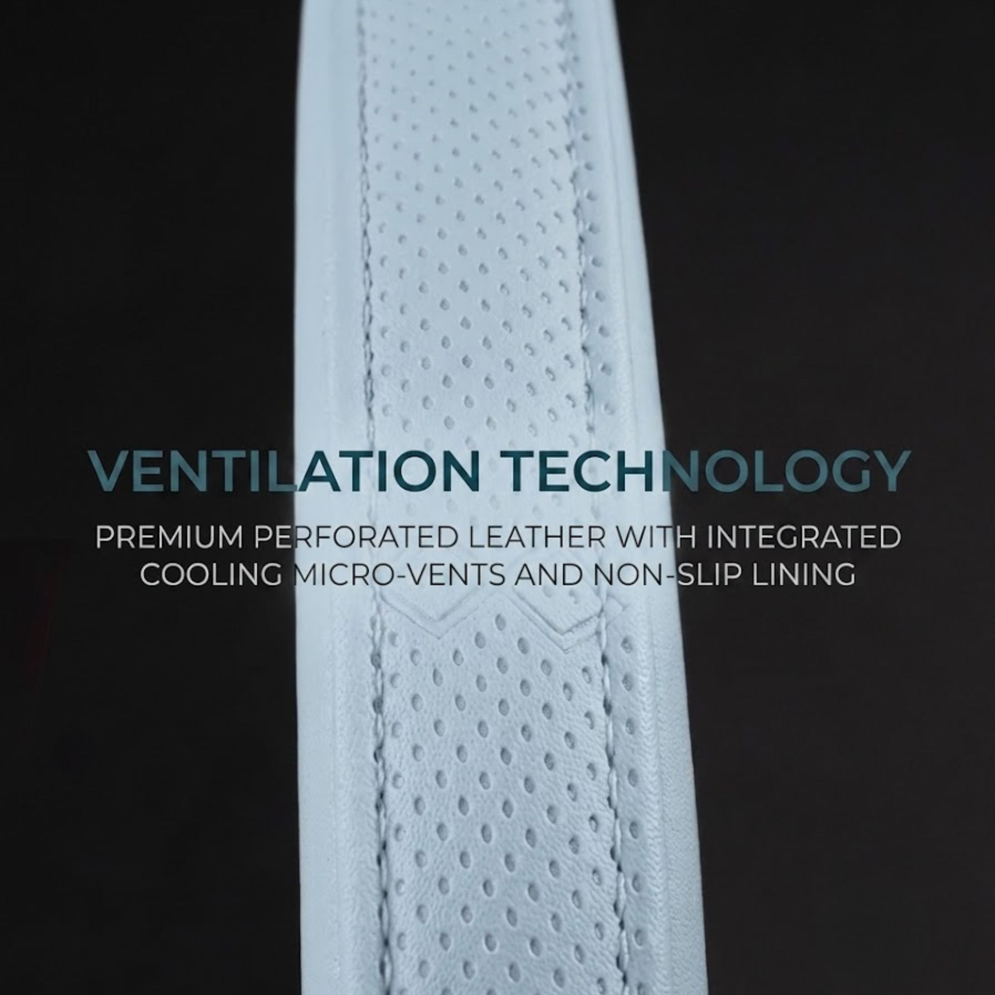 Close-up of the Perforated Napa Leather Steering Wheel Cover's ventilation technology with premium perforated leather and cooling micro-vents