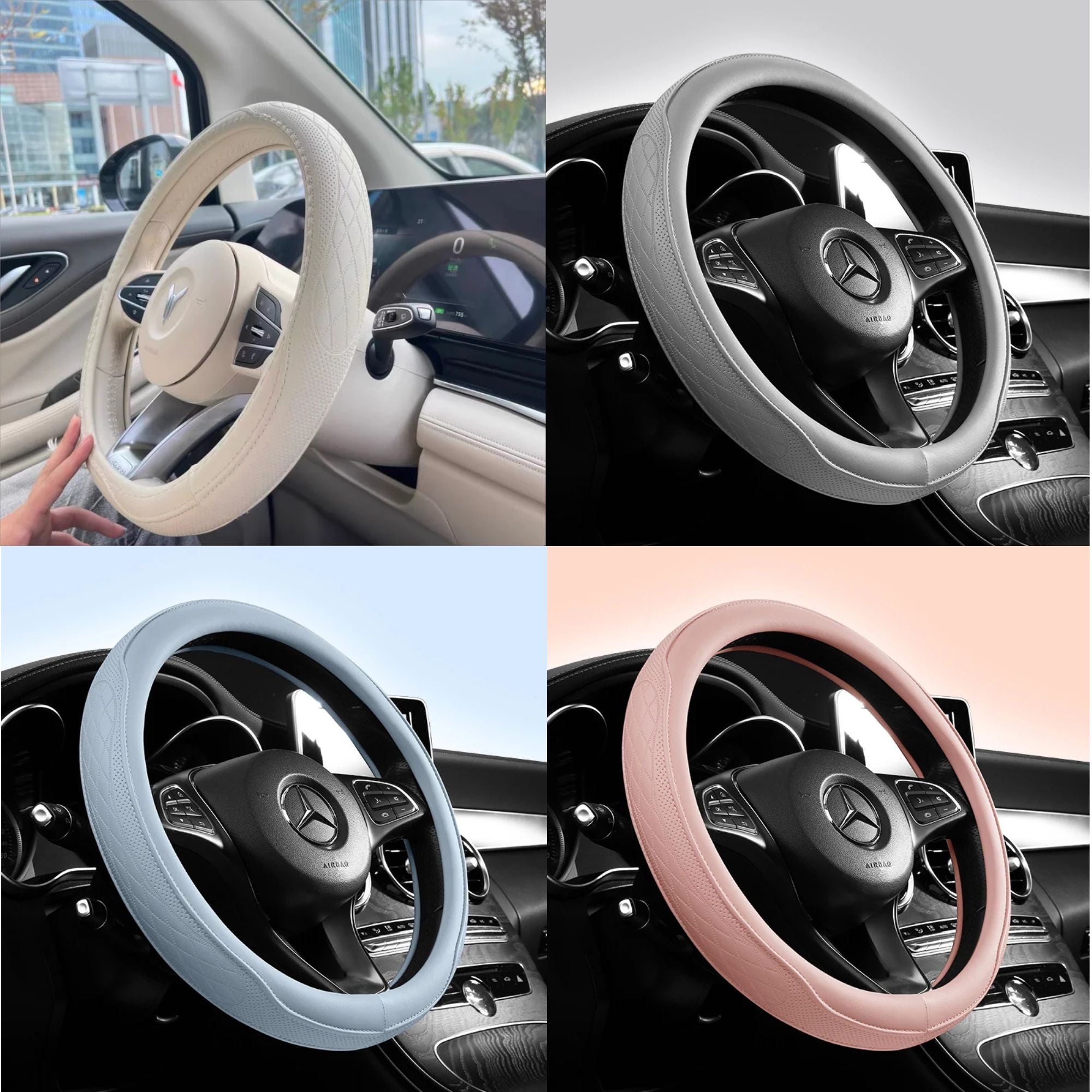 Perforated Napa Leather Steering Wheel Cover shown fitted in real car interiors across beige, grey, light blue and pink colourways