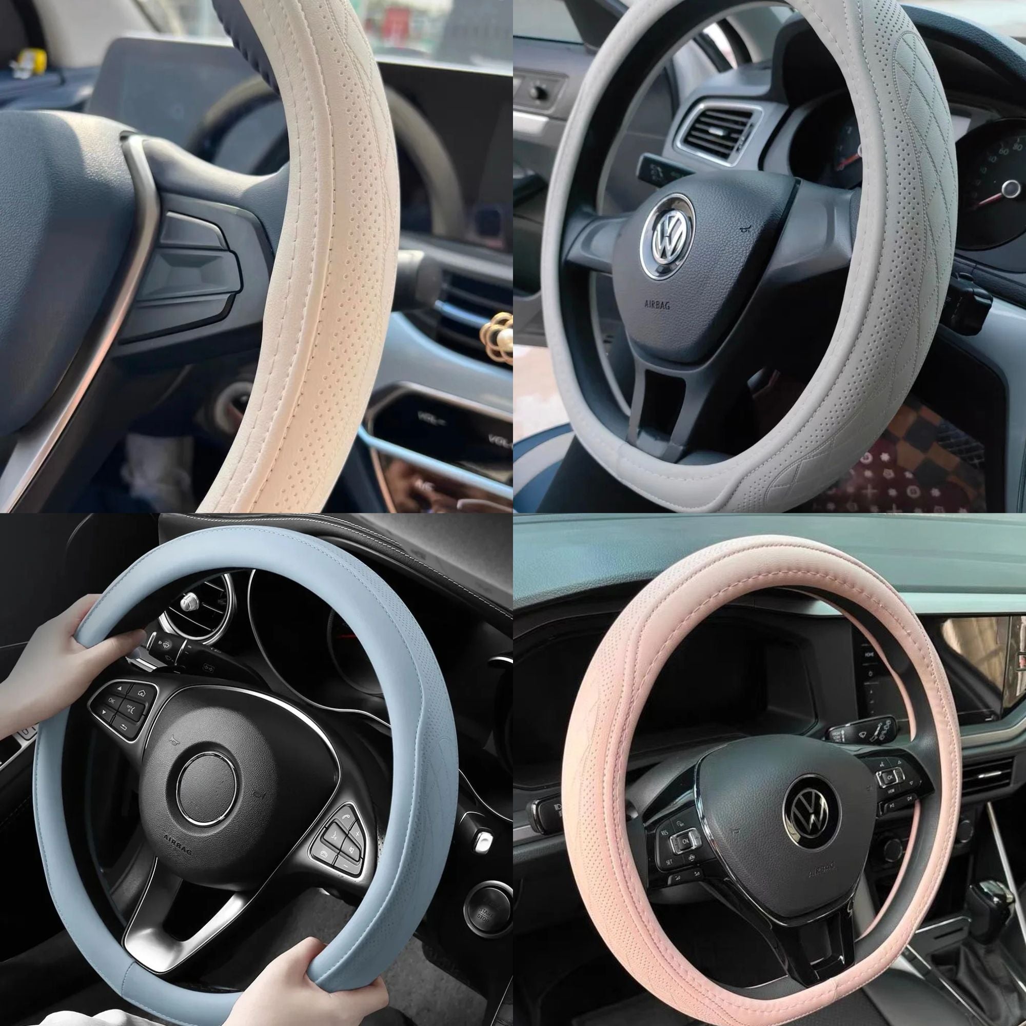 Perforated Napa Leather Steering Wheel Cover close-up fitted to car steering wheels in beige, grey, light blue and pink colourways