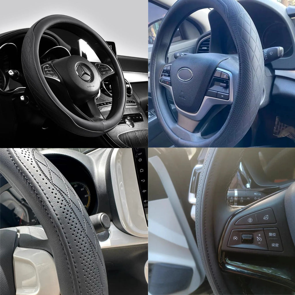 Perforated Napa Leather Steering Wheel Cover in black fitted to various car steering wheels including Mercedes-Benz and Volkswagen models