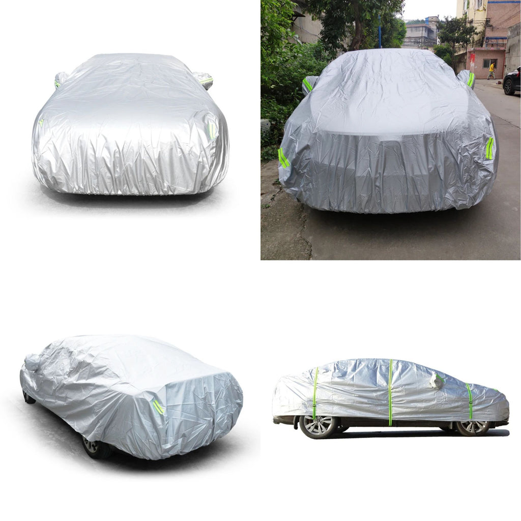 Universal Outdoor Car Cover protecting a sedan outdoors from multiple angles including front, rear and side views