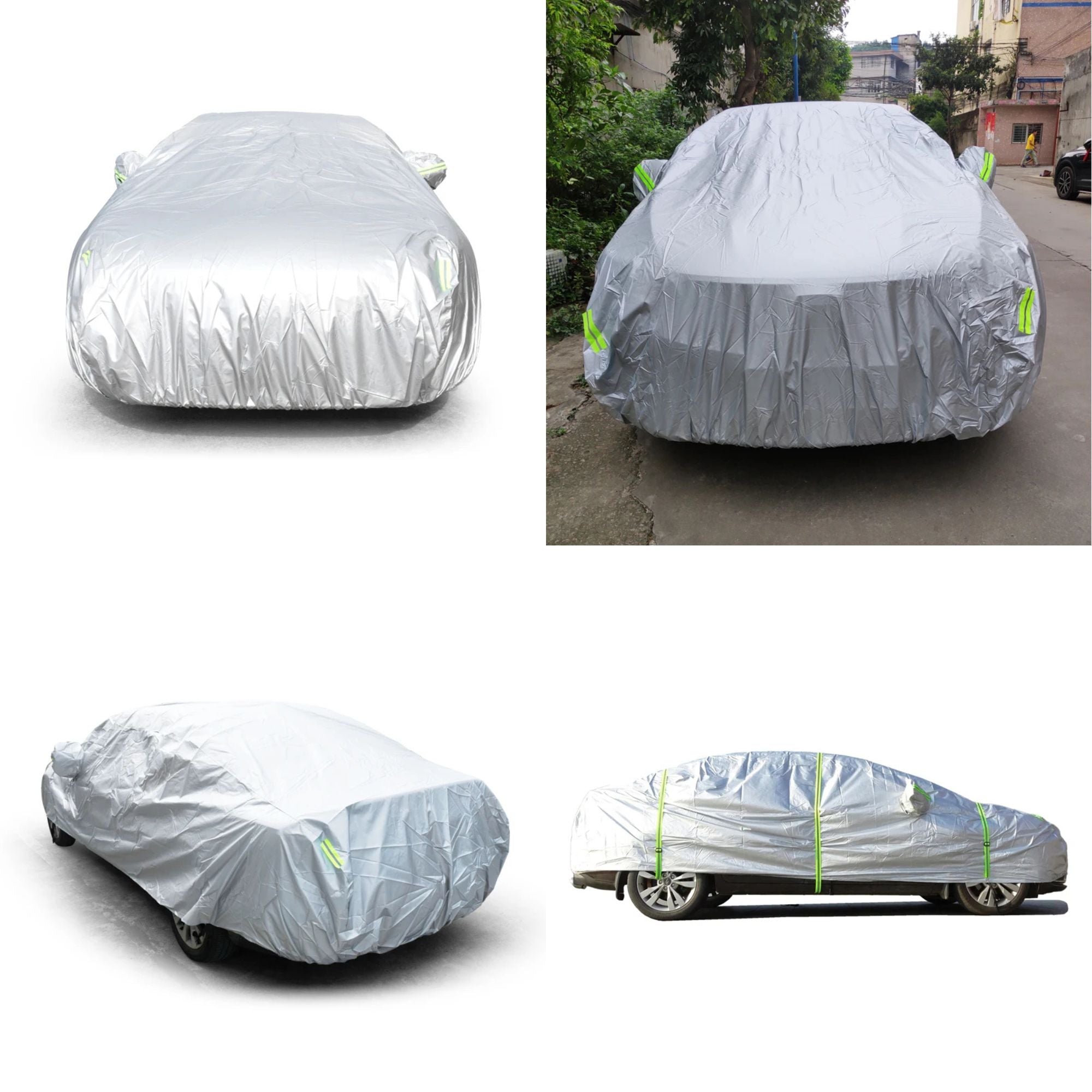 Universal Outdoor Car Cover protecting a sedan outdoors from multiple angles including front, rear and side views