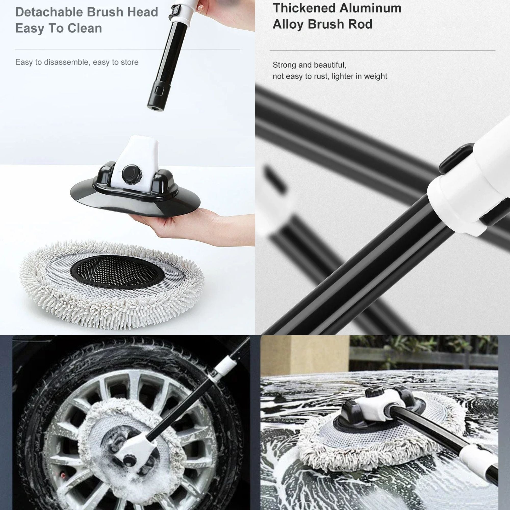 Heavy-Duty Telescopic Car Wash Mop in use cleaning a car wheel and soapy bonnet, showing detachable brush head and thickened aluminium alloy rod