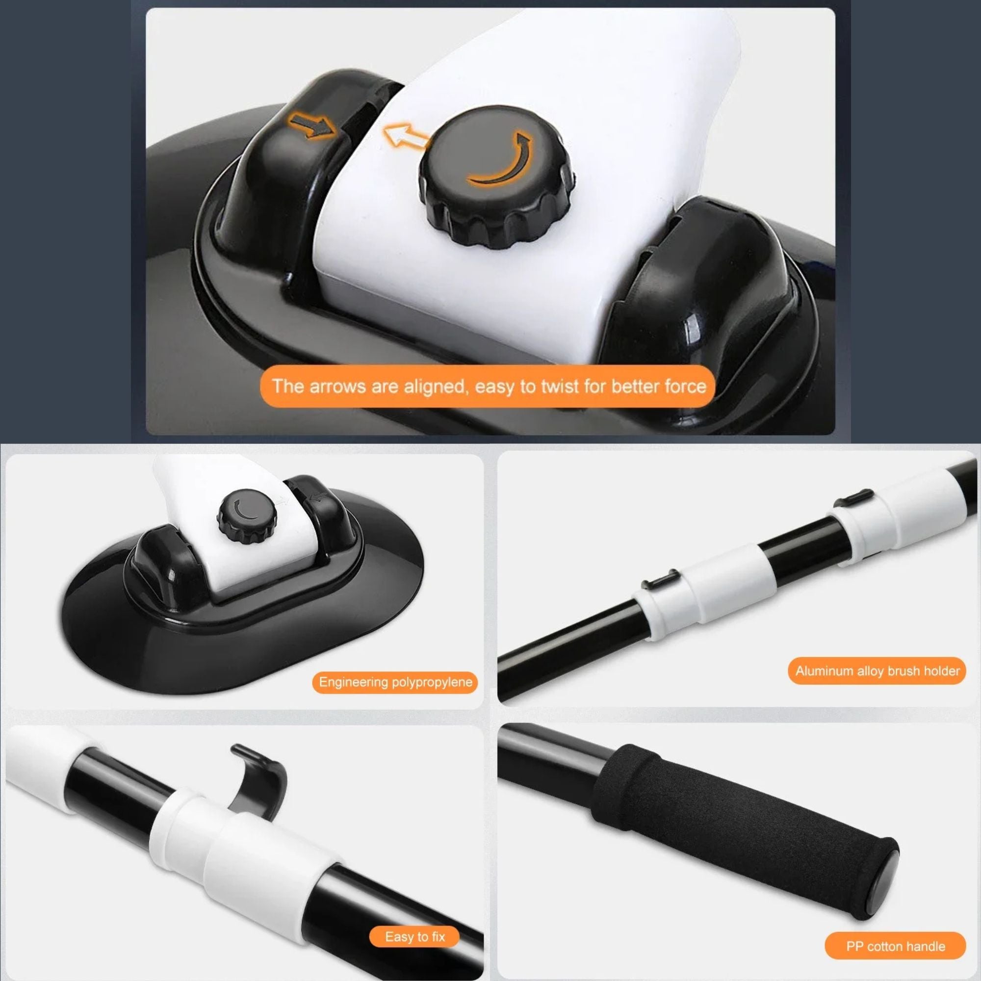 Close-up detail shots of the Heavy-Duty Telescopic Car Wash Mop twist-lock knob, engineering polypropylene head, aluminium alloy brush holder and PP cotton handle grip