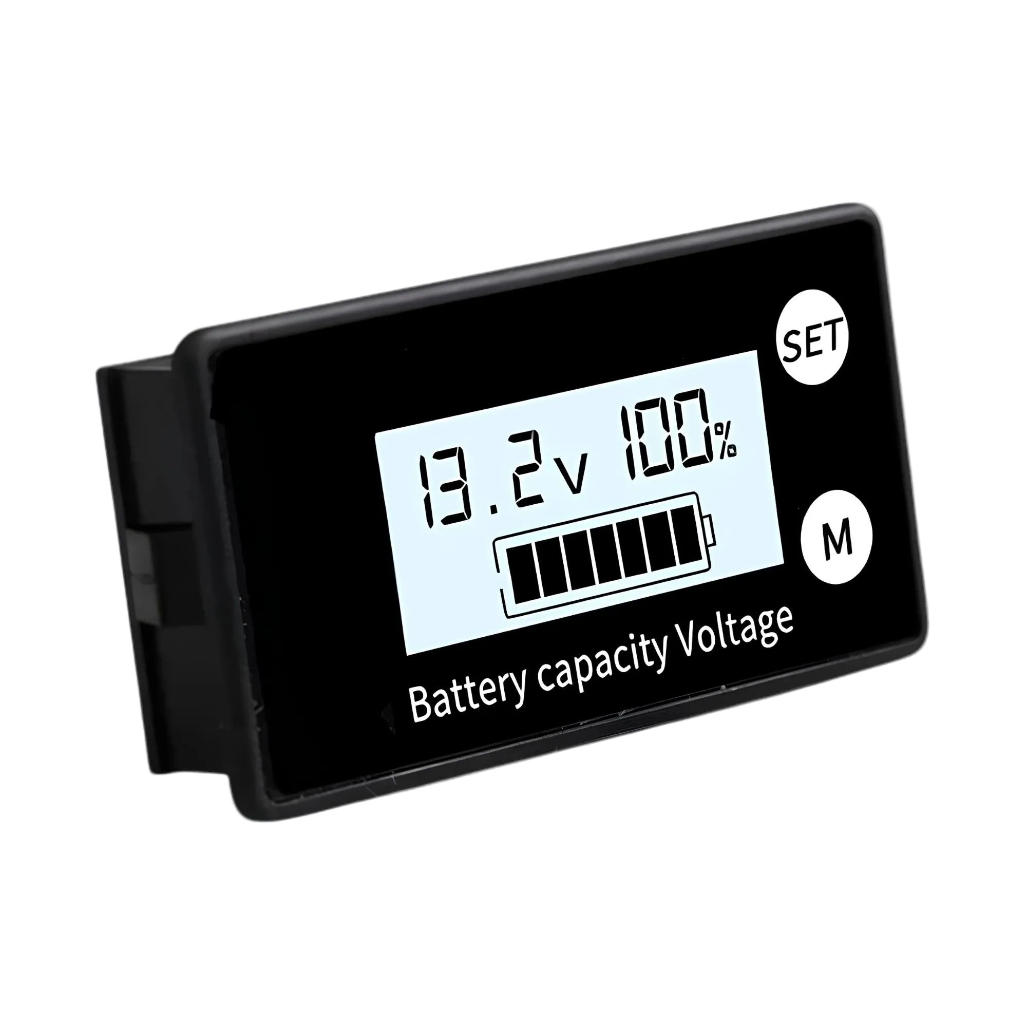 Digital Battery Capacity Meter LCD voltage tester displaying 13.2V and 100% charge on a white background