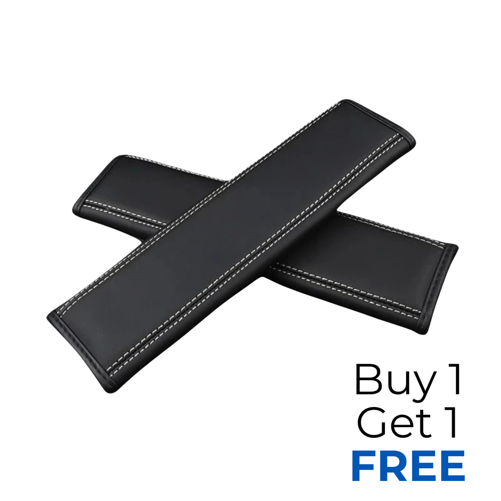 Two black faux leather car seat belt covers with white contrast stitching, crossed over each other on a white background with a 'Buy 1 Get 1 FREE' promotional text overlay in the bottom right.