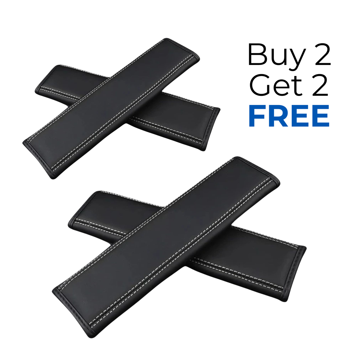Four black car seat belt covers with blue contrast stitching, arranged in two crossed pairs on a white background, with promotional text reading 'Buy 2 Get 2 FREE'.