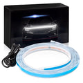 A coiled car LED light strip with a blue backing, shown with a black power cable and a black retail box featuring an image of a car with illuminated headlights.