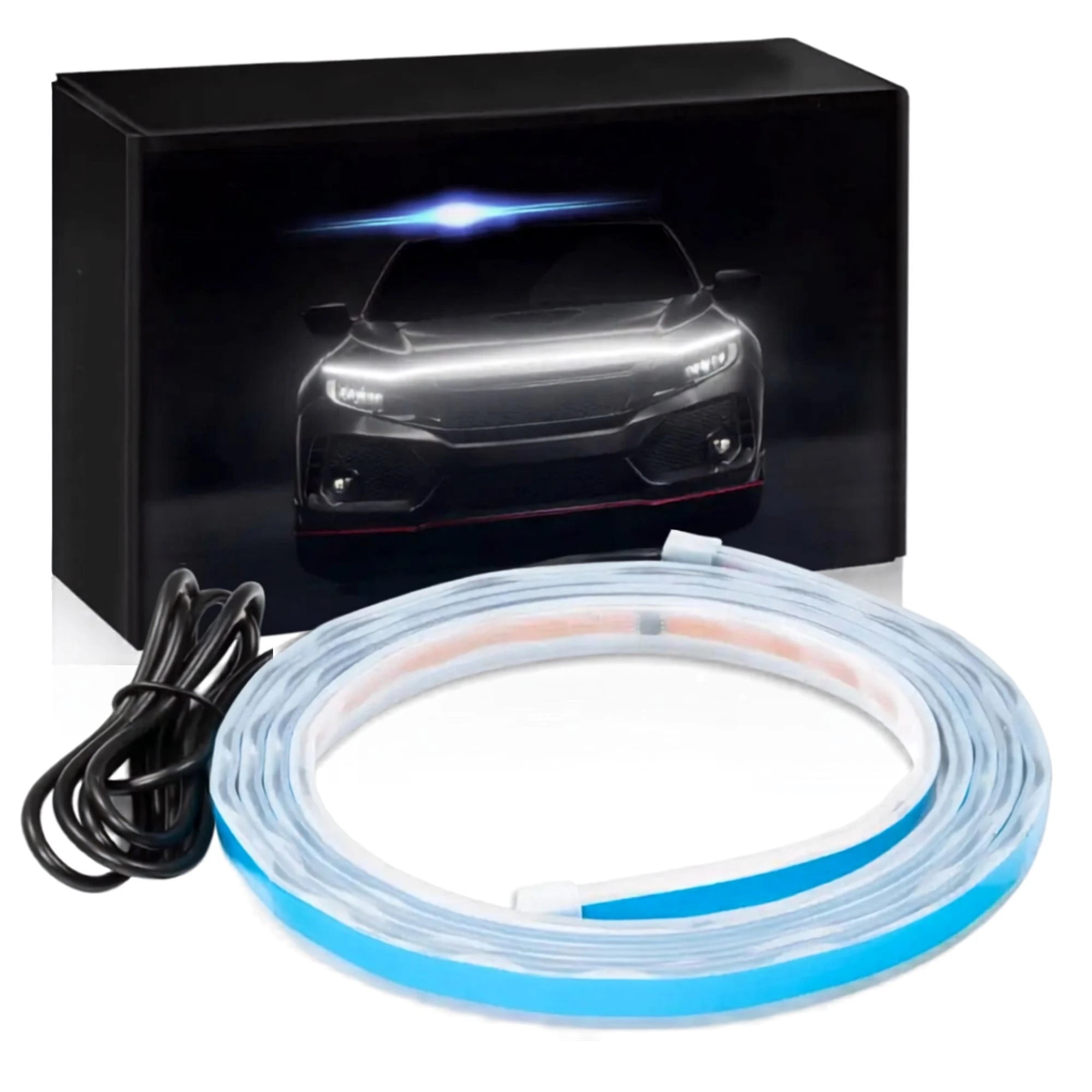 A coiled car LED light strip with a blue backing, shown with a black power cable and a black retail box featuring an image of a car with illuminated headlights.