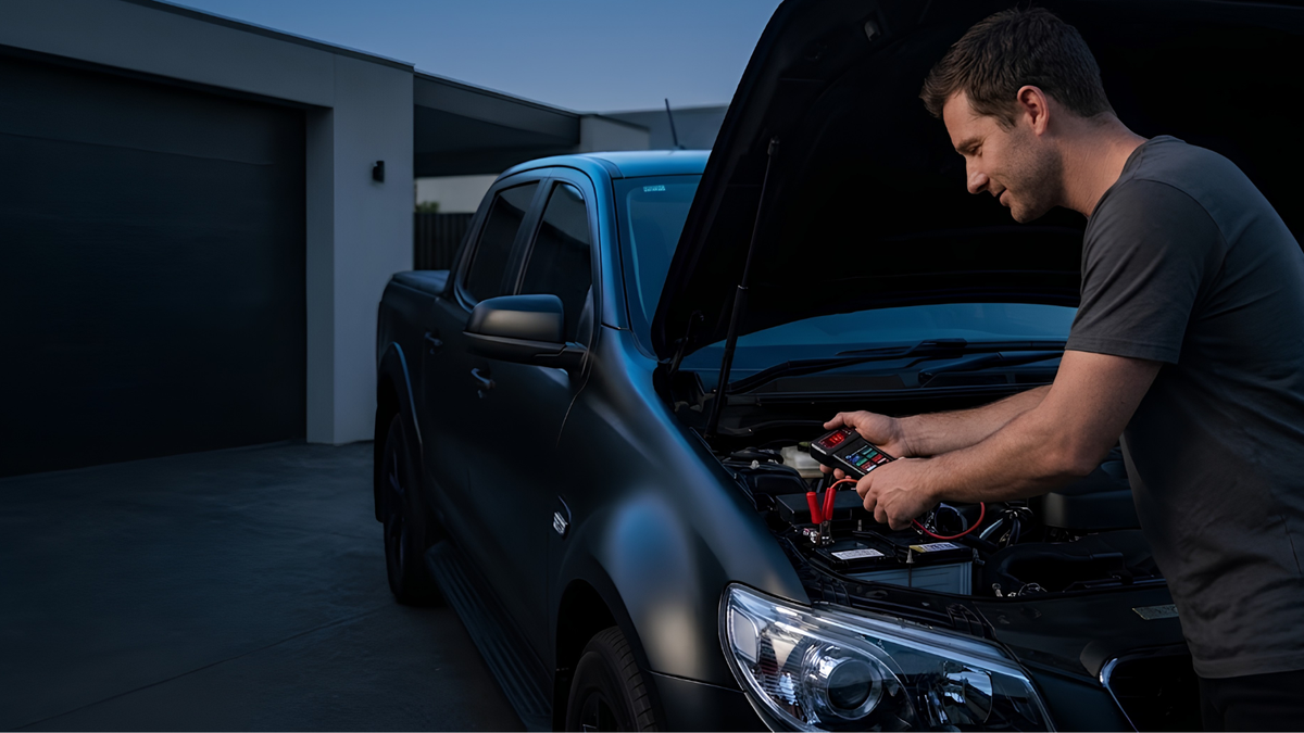 A man in a dark gray t-shirt works under the open hood of a black pickup truck in a driveway at dusk.