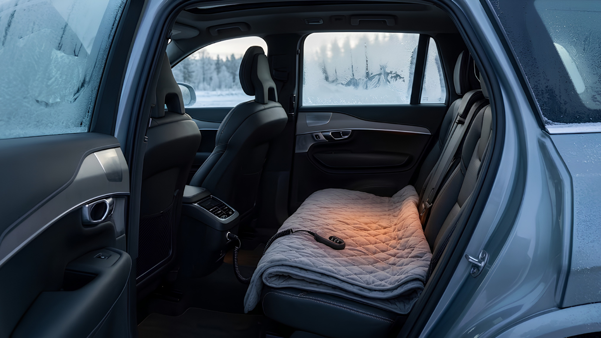 A folded quilted car seat blanket or pad with a small remote lies on the rear seat of a dark gray vehicle, with a snowy outdoor scene visible through the windows.