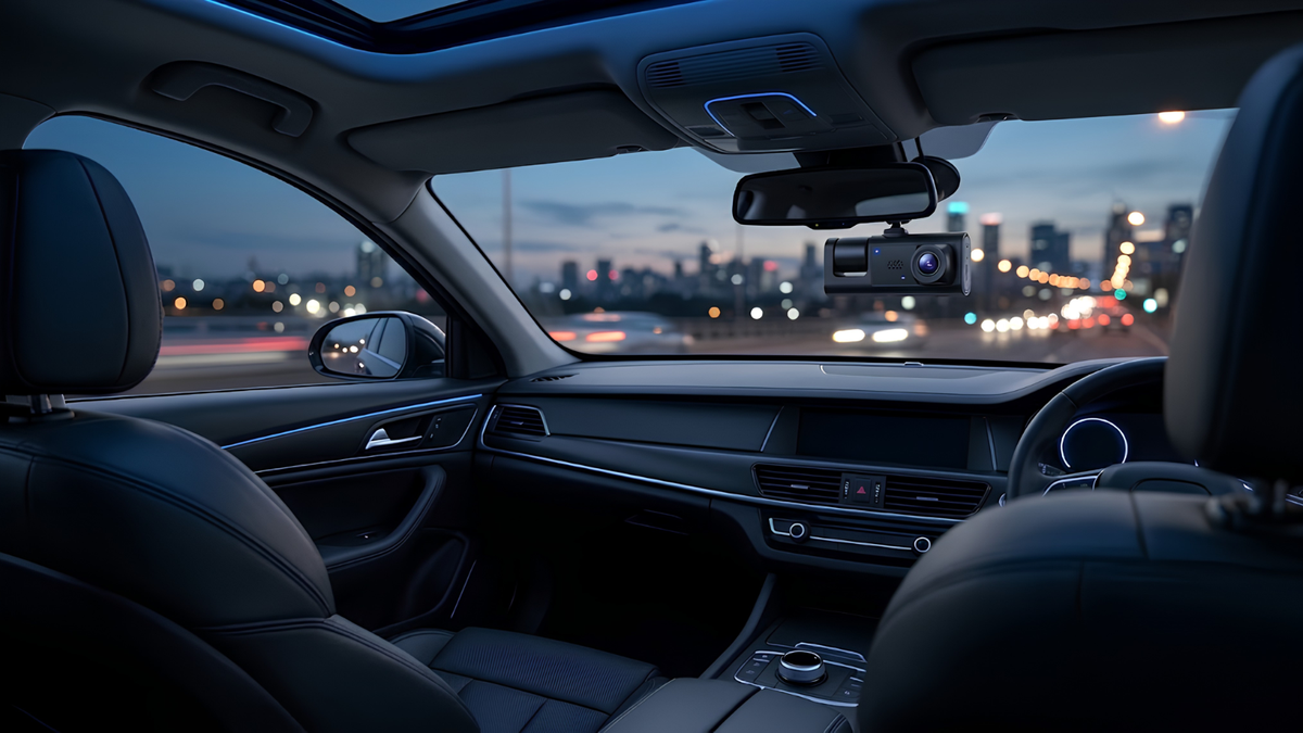 A rear-facing dash cam and radar detector mounted inside a car's sunroof, showing a city street at dusk with blurred lights outside and the black leather interior seats in the foreground.
