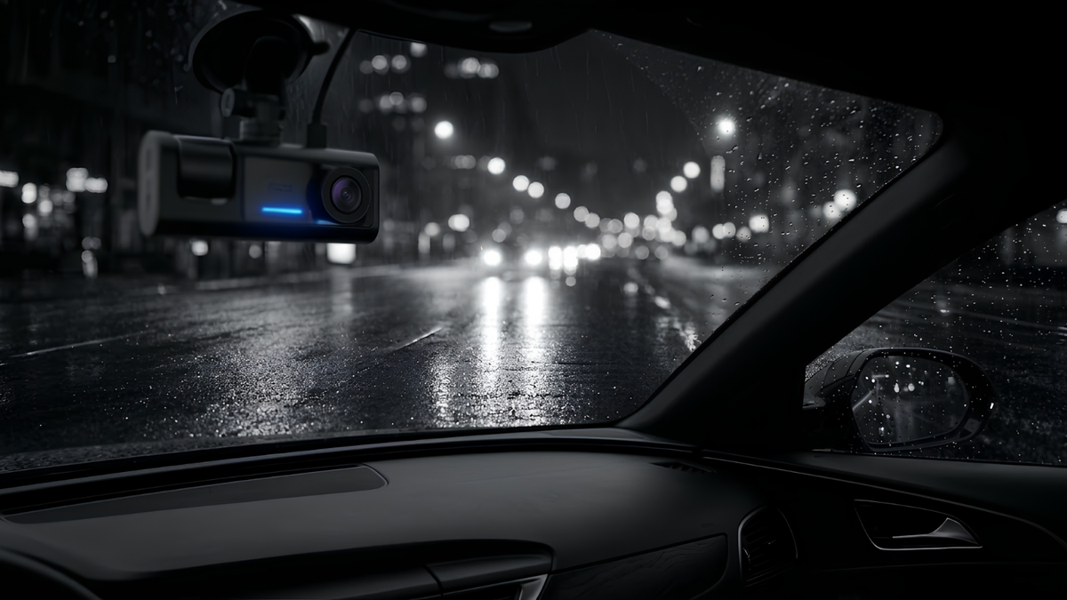 A car-mounted dash cam recording a wet city street at night with raindrops on the windshield and blurred streetlights in the background.