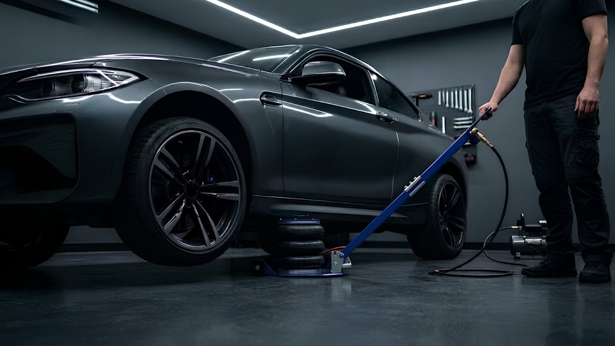A dark gray luxury sedan is parked inside a modern garage or workshop, with a person standing beside it holding a blue floor jack and hose setup under the vehicle.