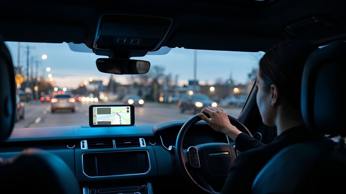 A woman driving a car at dusk, viewed from the back seat. A smartphone mounted on the dashboard displays a navigation map.