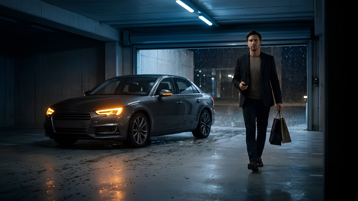 A man in a dark blazer and jeans walks through a rainy parking garage carrying shopping bags beside a dark gray sedan with illuminated headlights.