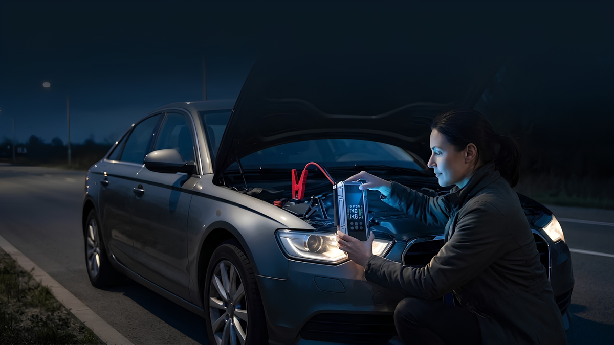 A woman kneels beside a dark gray sedan on a road at night with the hood open, using a portable battery charger with red and black clamps connected to the engine.
