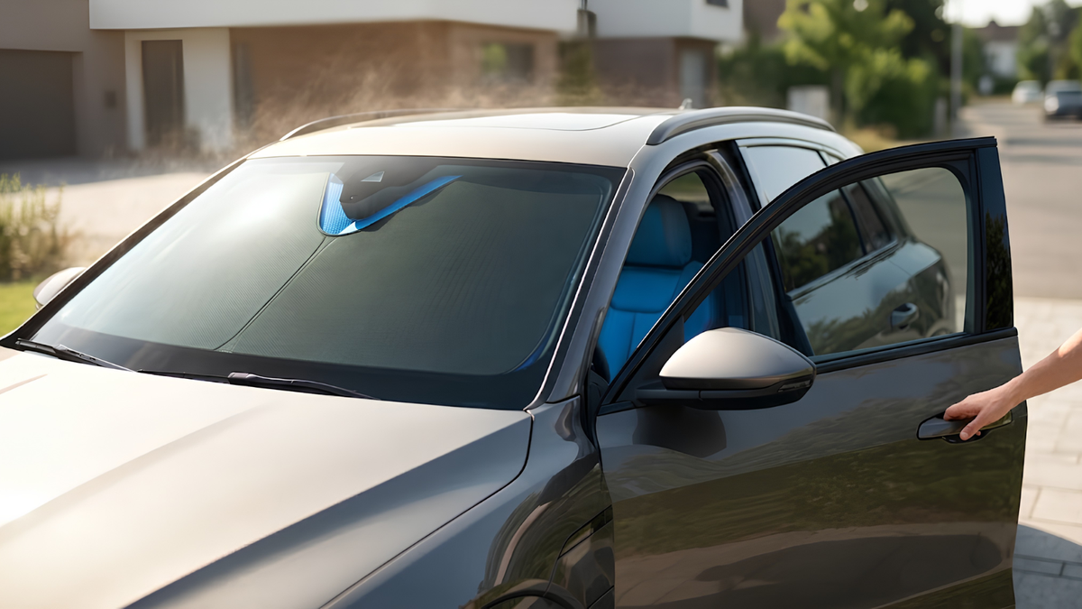 A dark gray car parked outdoors with the driver-side door open, showing a person's hand holding the door handle. The car has tinted windows and a blue accent near the windshield.
