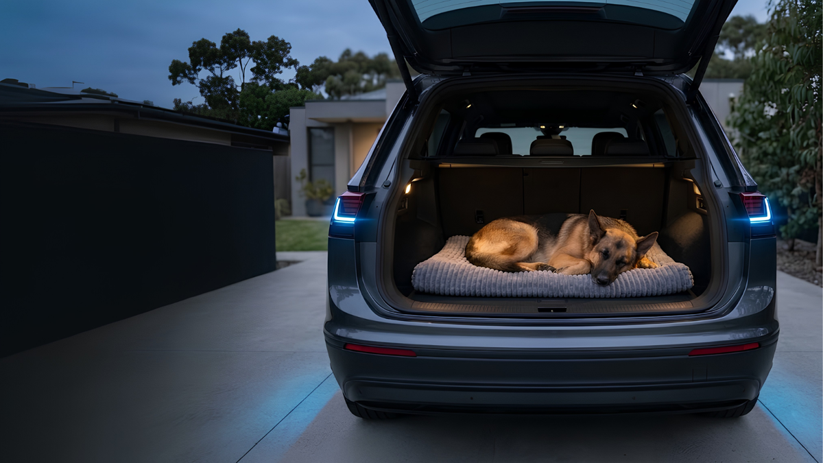 A dog rests on a cushion inside the open trunk of a dark gray SUV in a driveway at dusk, with the vehicle's interior lights illuminated.