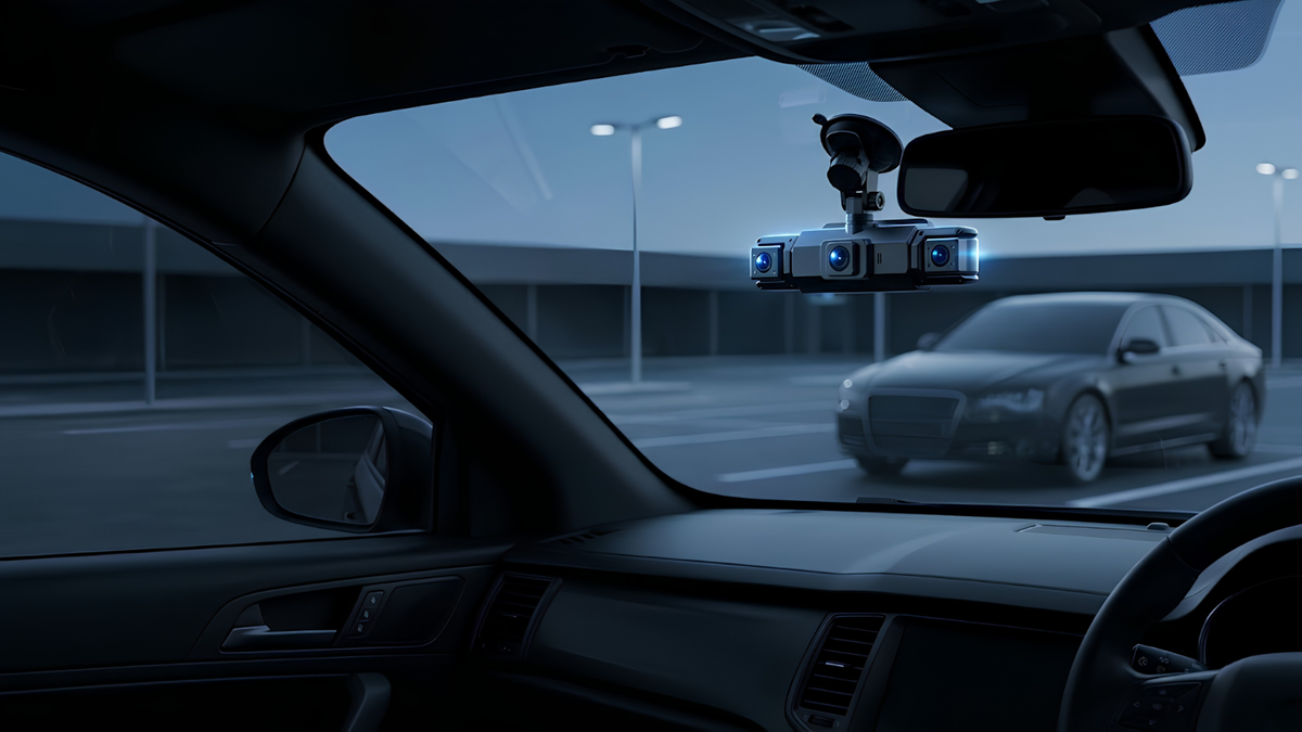 A car-mounted 3D surround sound projector and speaker system shown installed on the windshield of a dark car interior, with a car visible through the windshield in a dim outdoor setting.