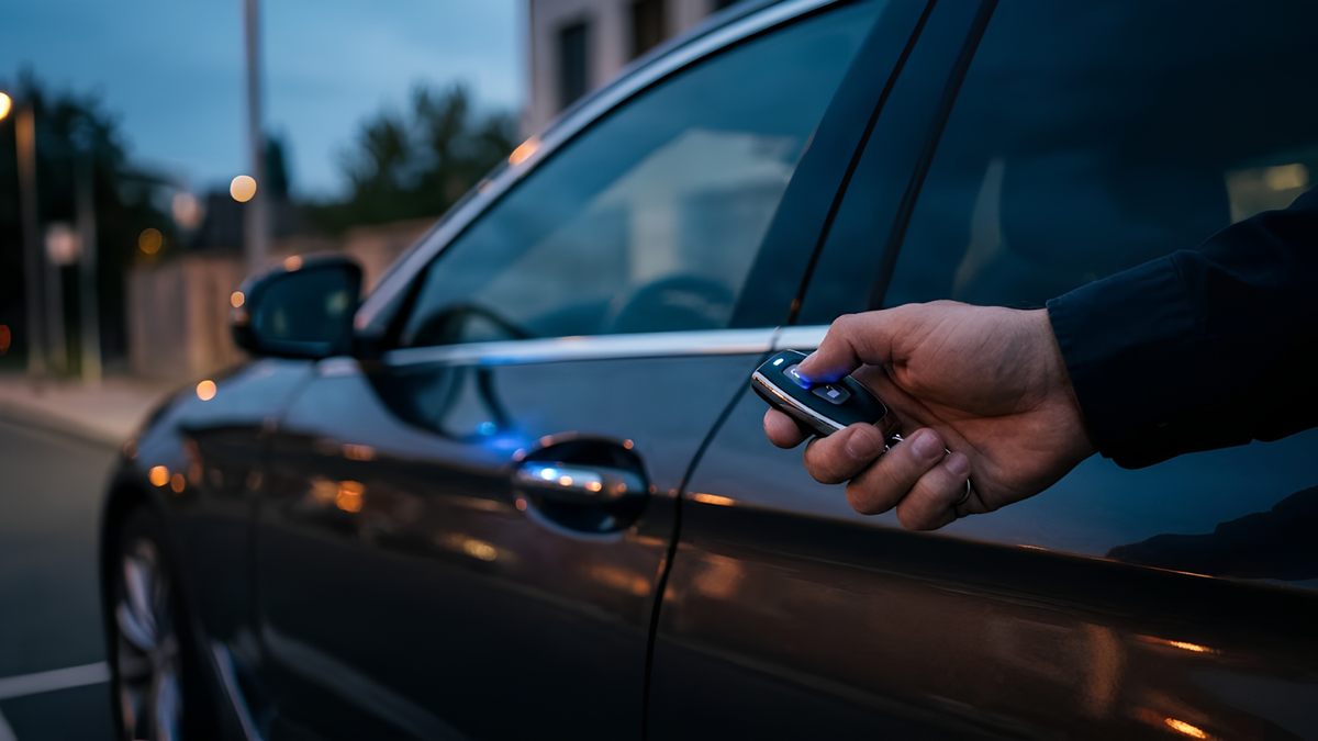 A close-up of a hand holding a car key fob next to a dark sedan door at dusk, with the car window and side mirror visible in the background.