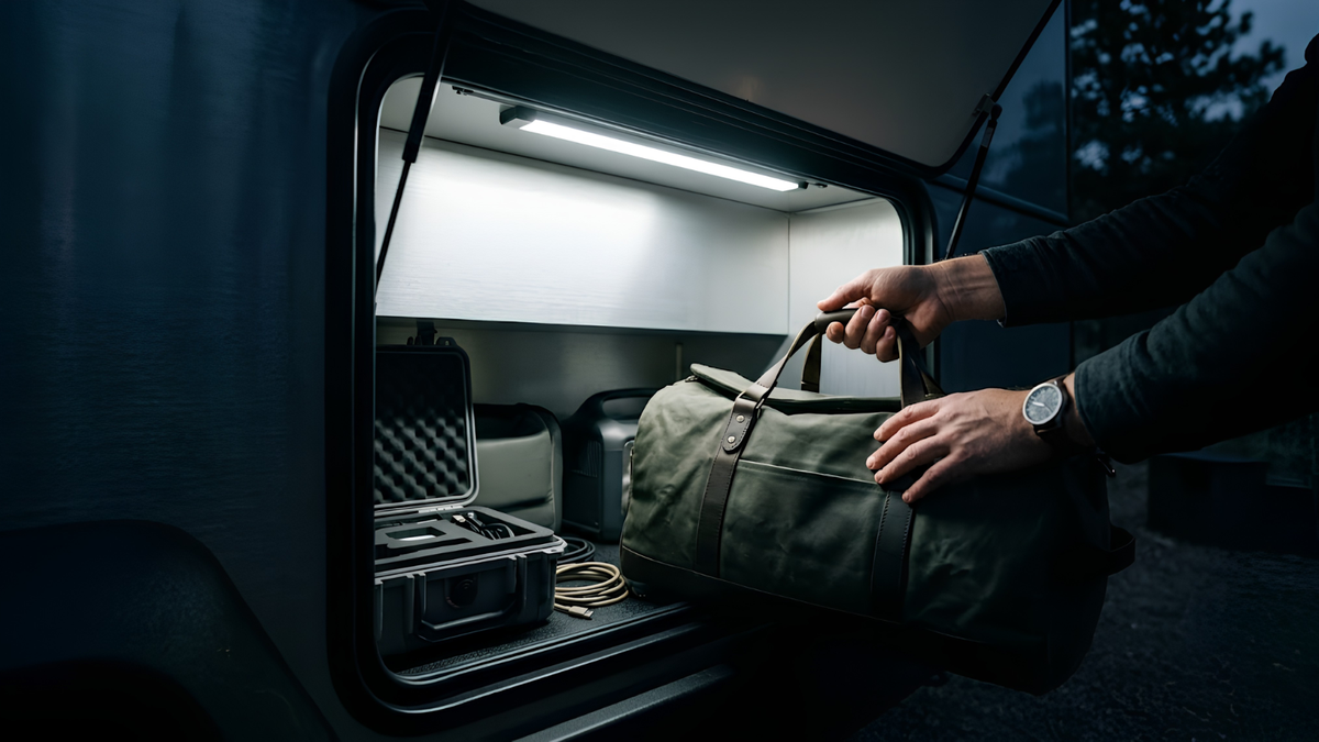 A person's hands placing an olive green canvas duffel bag into a well-lit open storage compartment of a dark vehicle at dusk.